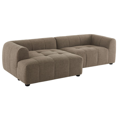 Mocha fabric left-facing upholstered modular sofa with chaise, tufted square cushions, rounded arms, low feet.