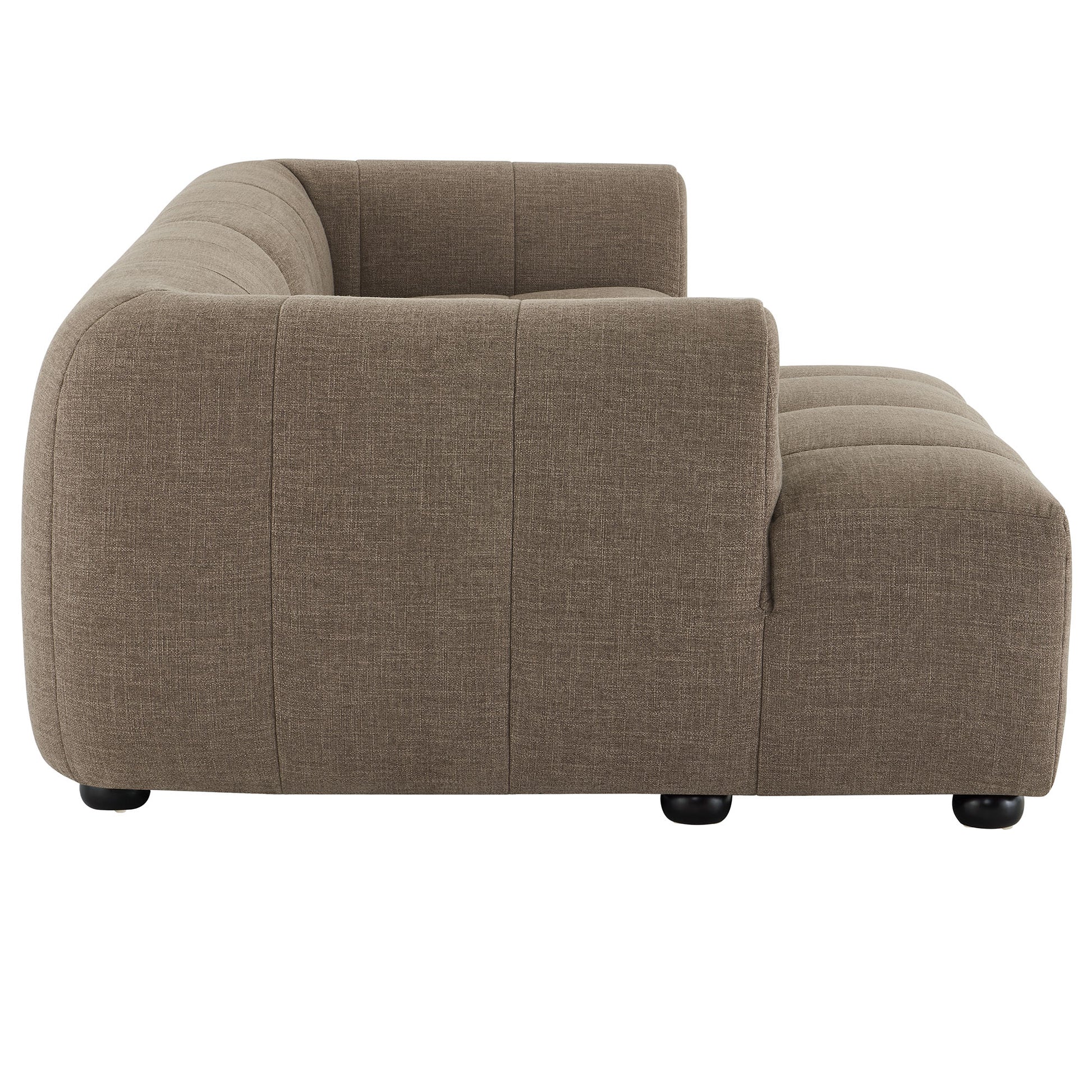 Taupe fabric sectional with curved back, L-shape & right chaise; tufted cushions & low black feet.