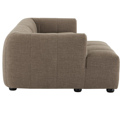 Taupe fabric sectional with curved back, L-shape & right chaise; tufted cushions & low black feet.
