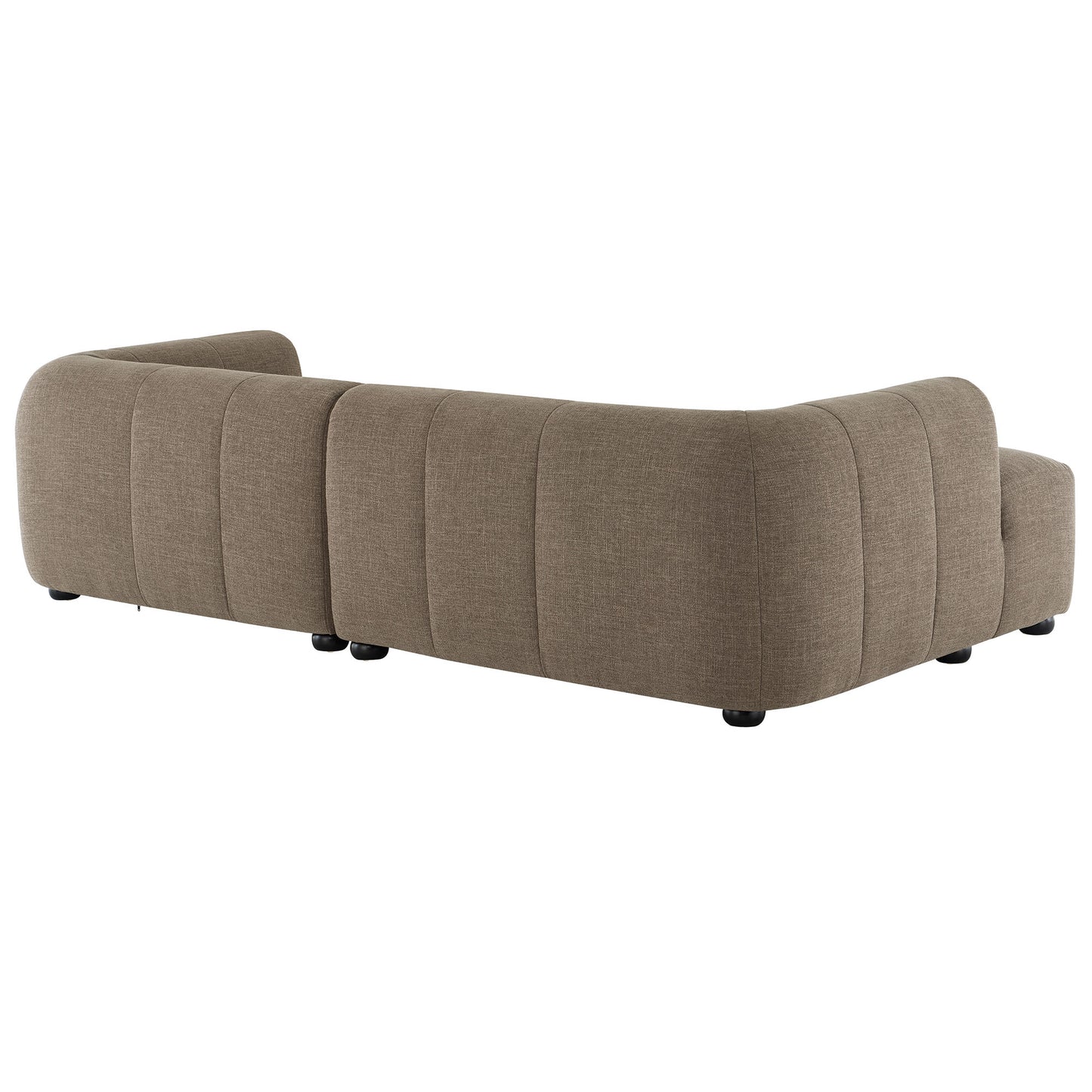 Mocha fabric modular sectional sofa with curved arms and vertical stitched panels, low-profile legs.