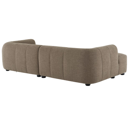 Mocha fabric modular sectional sofa with curved arms and vertical stitched panels, low-profile legs.