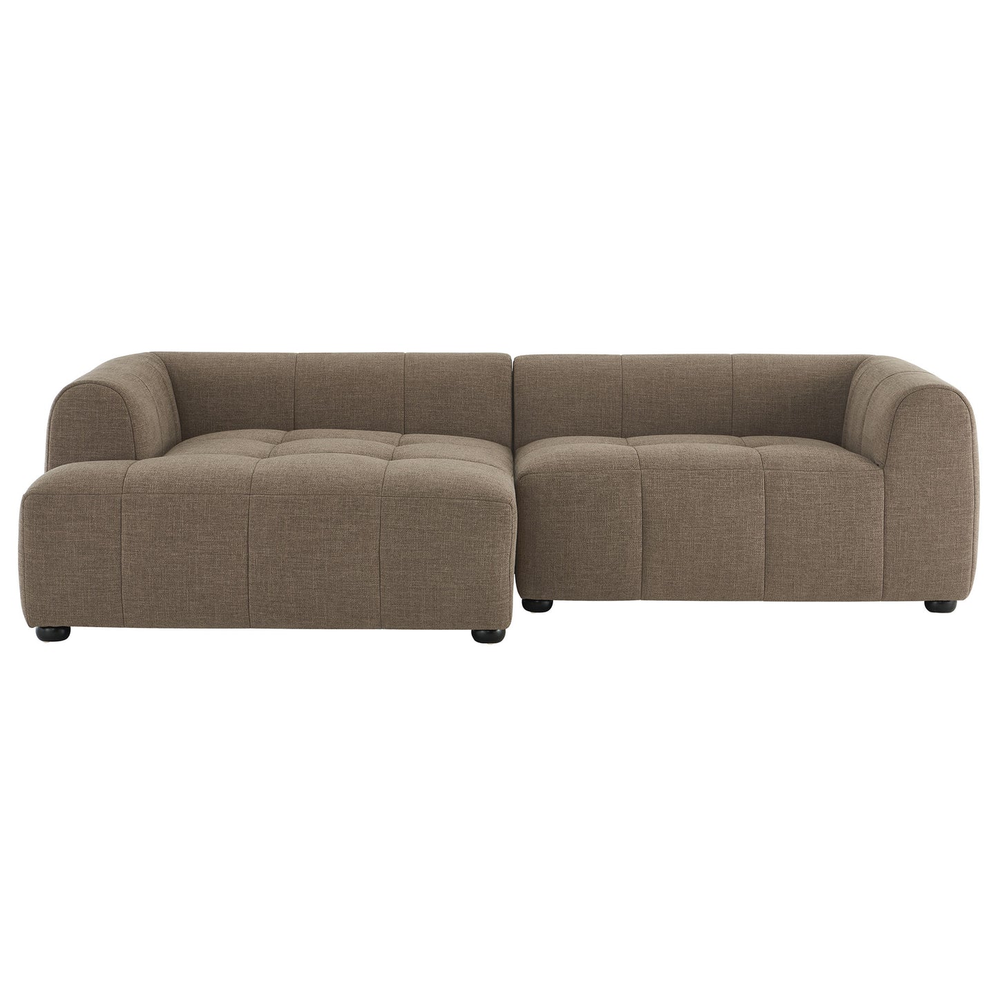 Brown tufted modular sectional sofa, L-shaped with curved arms and low legs.