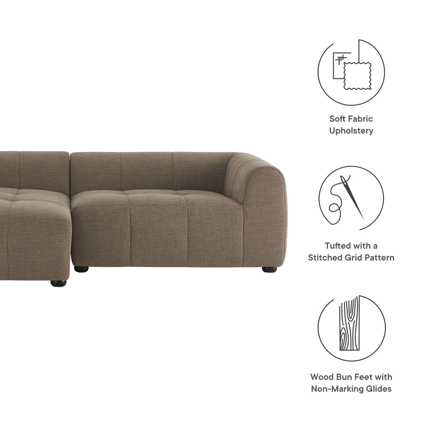 Brown fabric modular sofa with left-facing chaise, tufted with a stitched grid pattern, wood bun feet and non-marking glides.