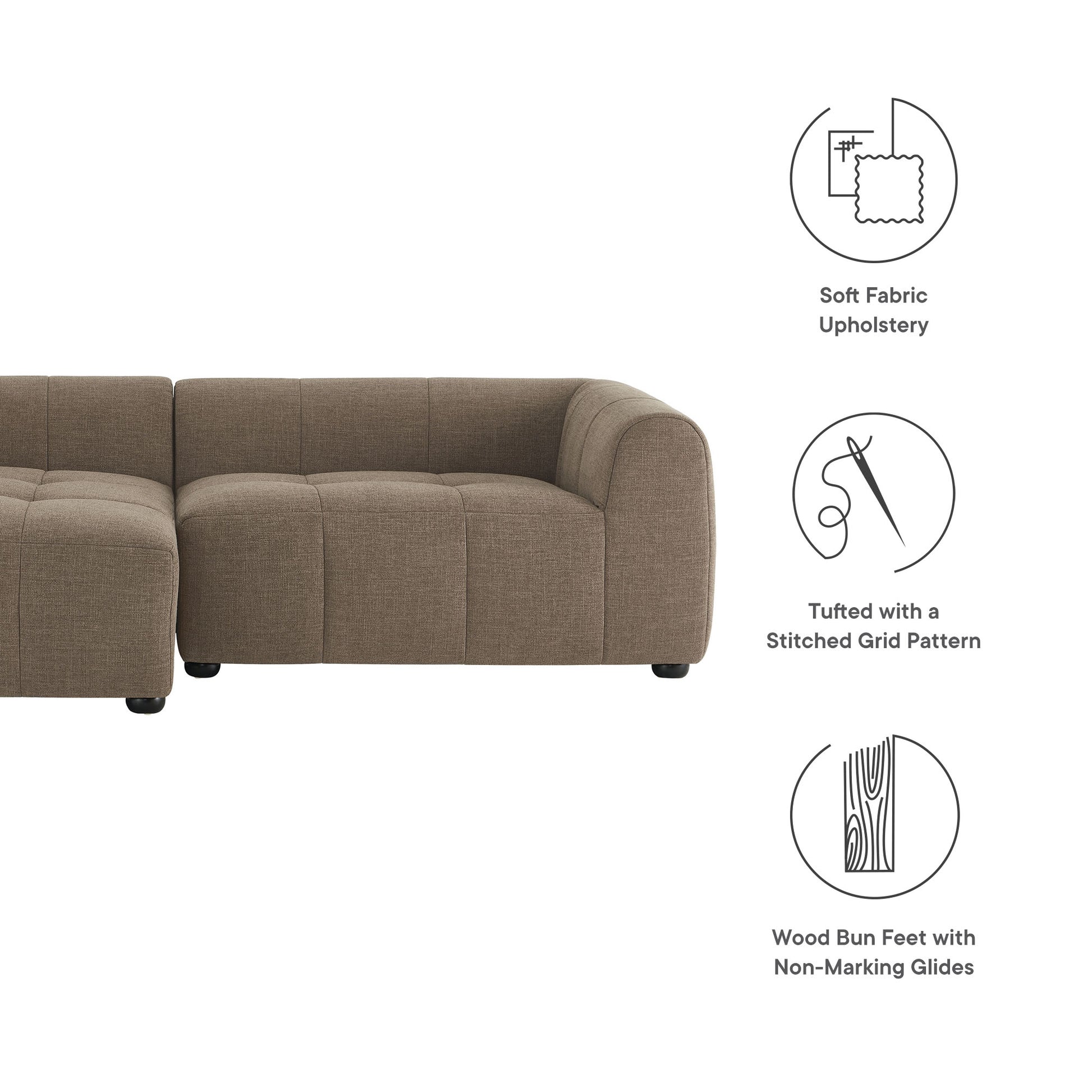 Brown fabric modular sofa with left-facing chaise, tufted with a stitched grid pattern, wood bun feet and non-marking glides.
