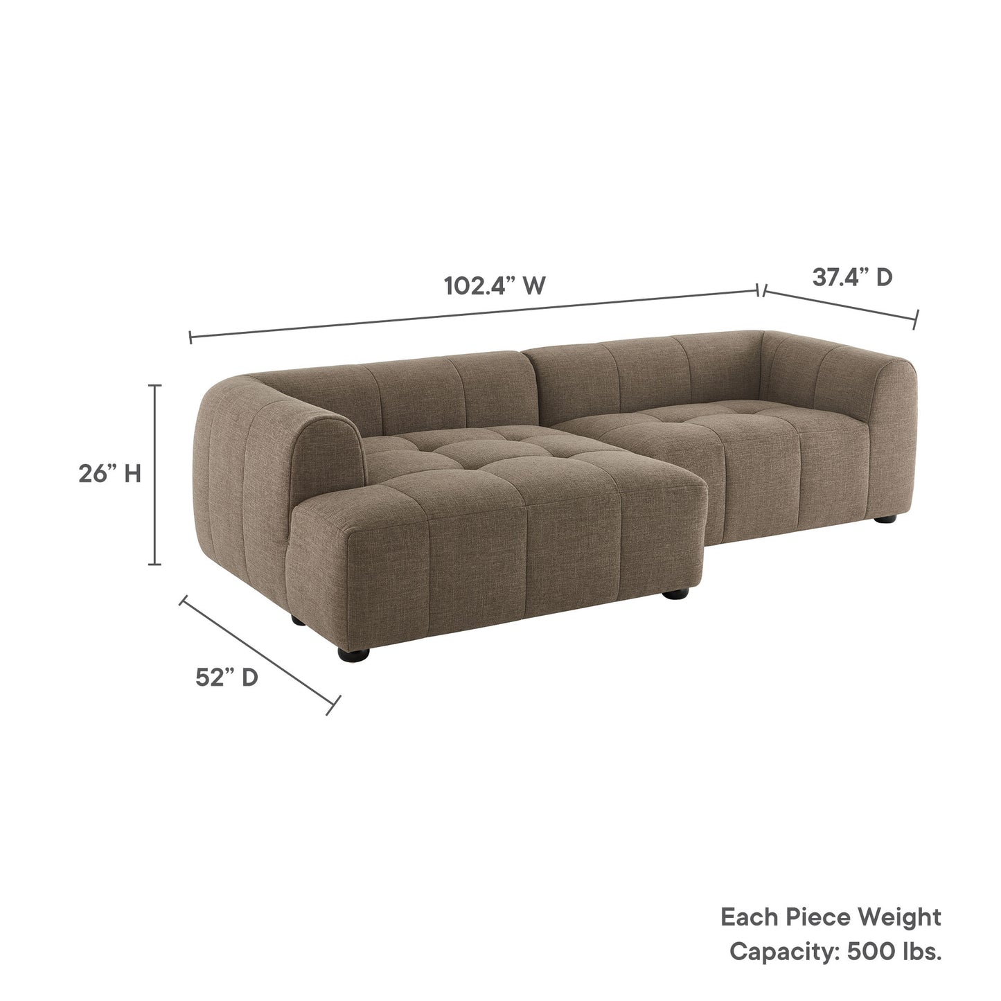 Tan tufted fabric left-facing modular sofa with chaise, sectional with rounded arms, low profile and small black legs.