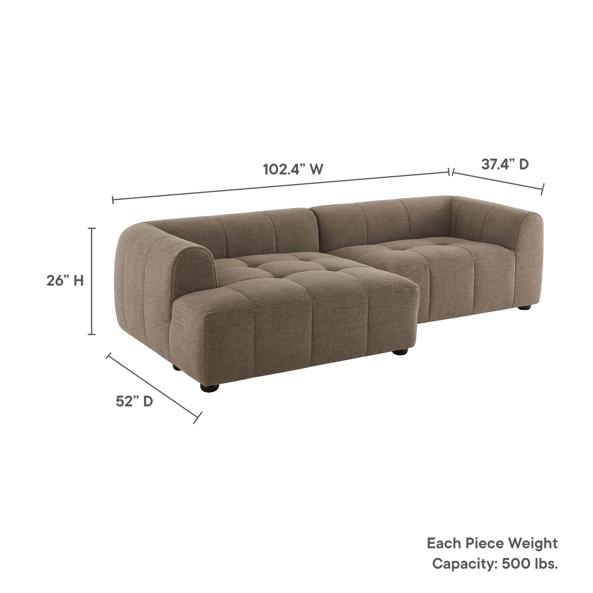 Tan tufted fabric left-facing modular sofa with chaise, sectional with rounded arms, low profile and small black legs.
