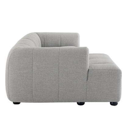 Grey curved fabric modular sofa with a left-facing chaise & low black feet.
