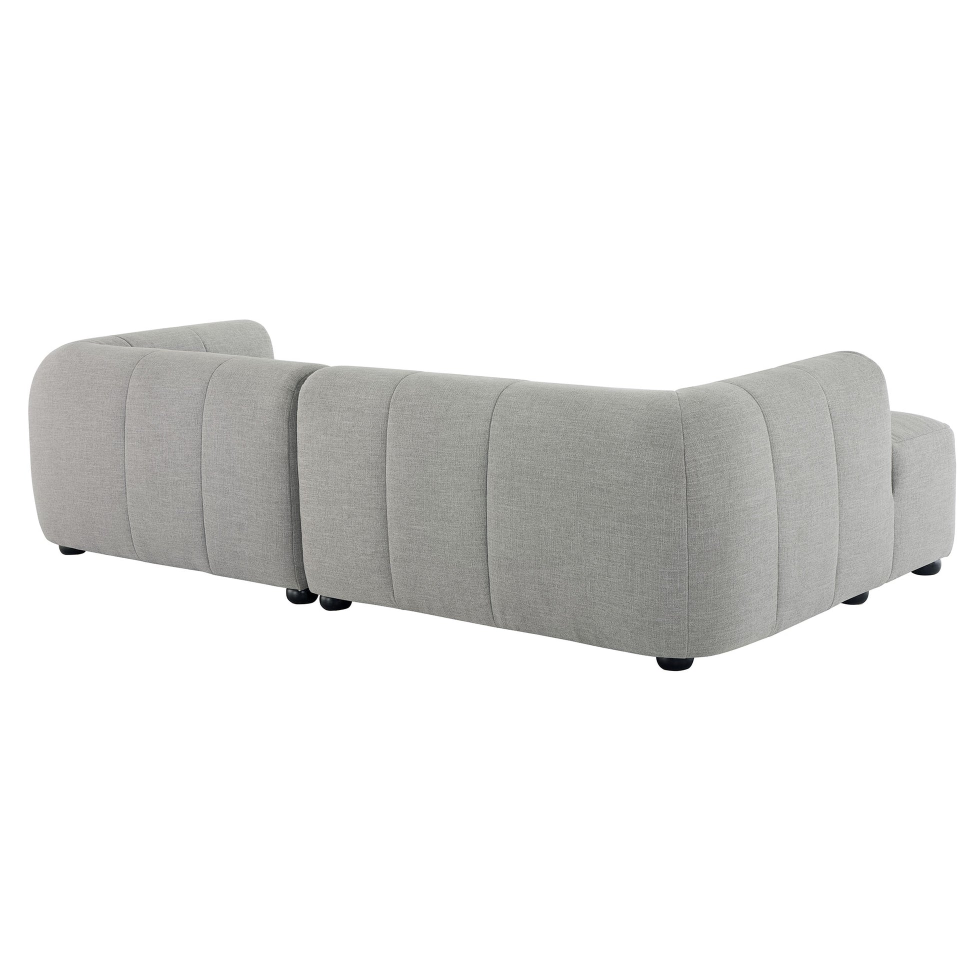 Left-facing upholstered fabric modular sofa with chaise in gray, featuring modular sections and low black feet.