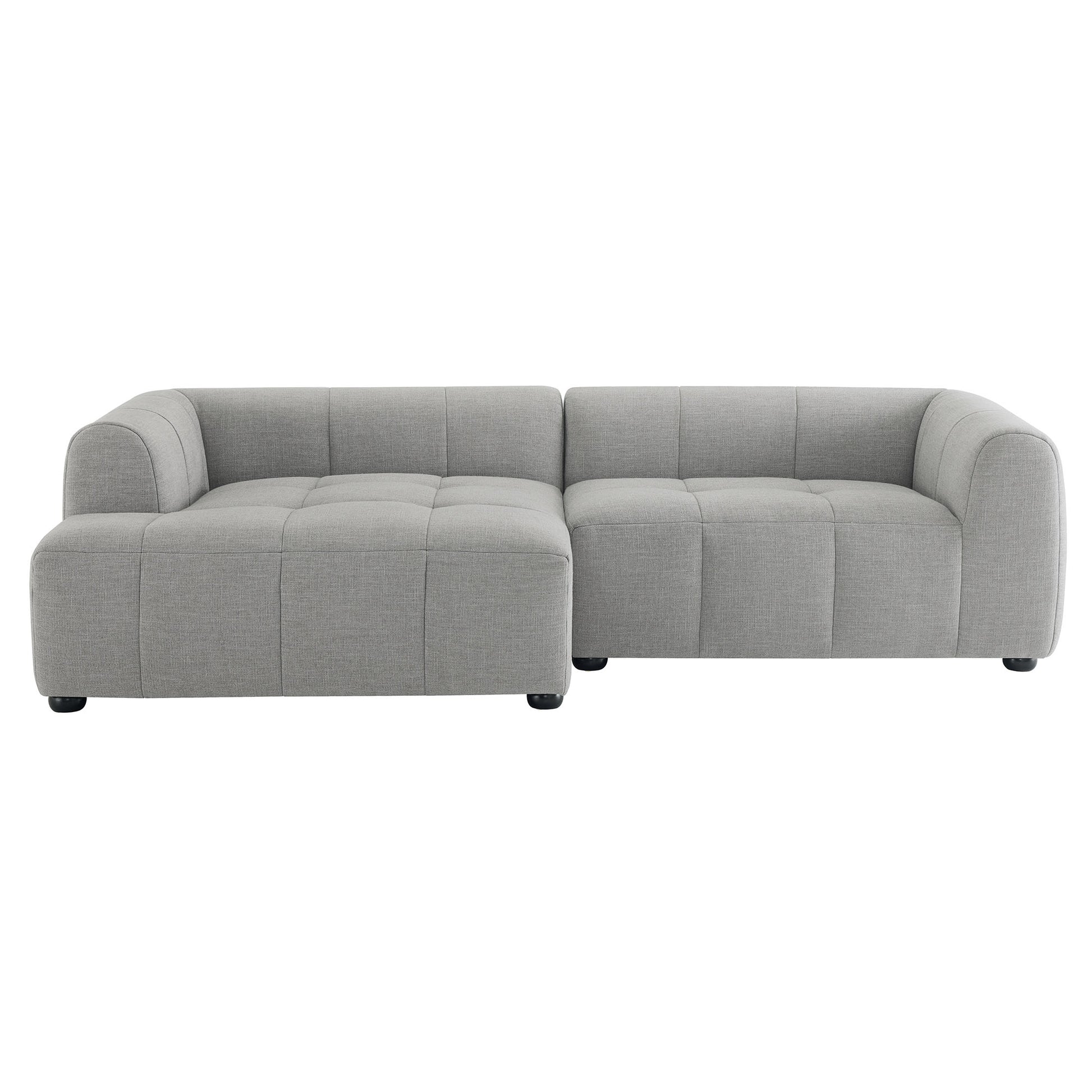 Light gray L-shaped sectional sofa with tufted cushions, left chaise, rounded arms, soft fabric.