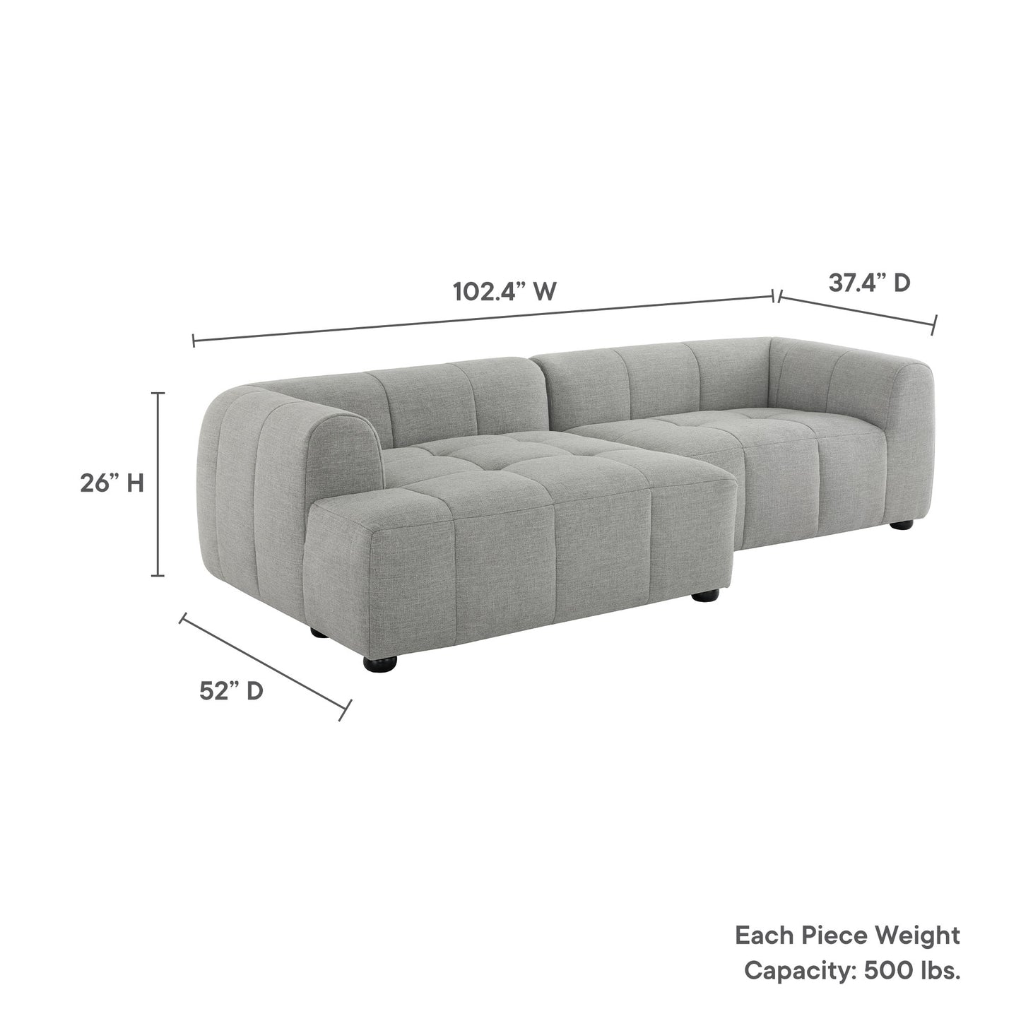 Gray fabric L-shaped modular sectional with tufted cushions and rounded arms.