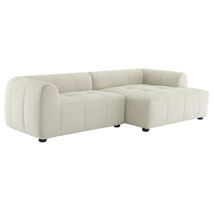 White right-facing upholstered fabric modular sofa with chaise, featuring tufted cushions and rounded arms.