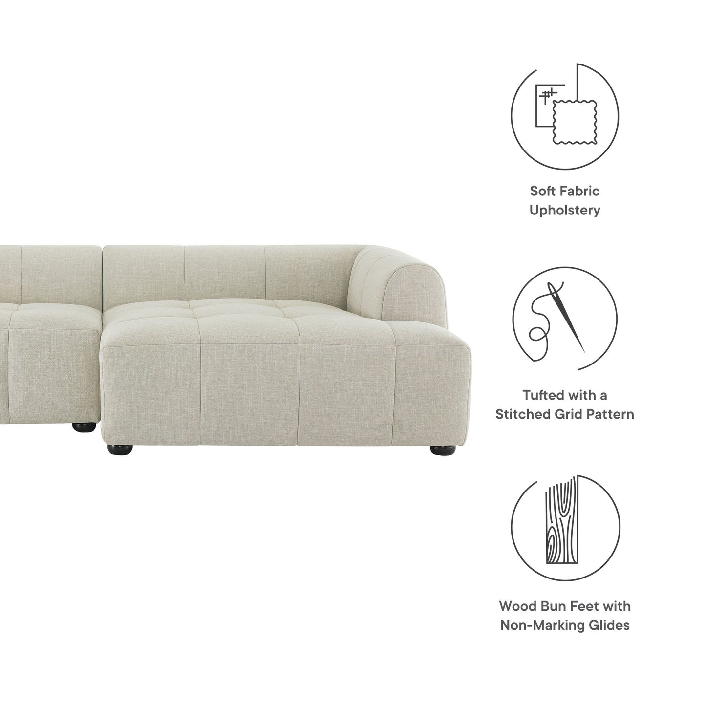 Neutral linen fabric sectional sofa with soft upholstery, tufted grid cushions, and wood bun feet with non-marking glides.