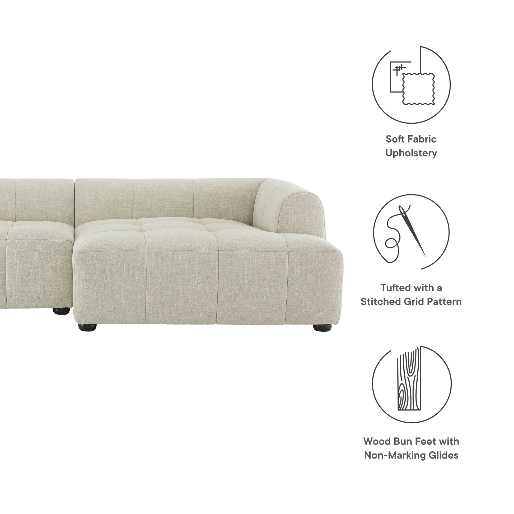 Neutral linen fabric sectional sofa with soft upholstery, tufted grid cushions, and wood bun feet with non-marking glides.