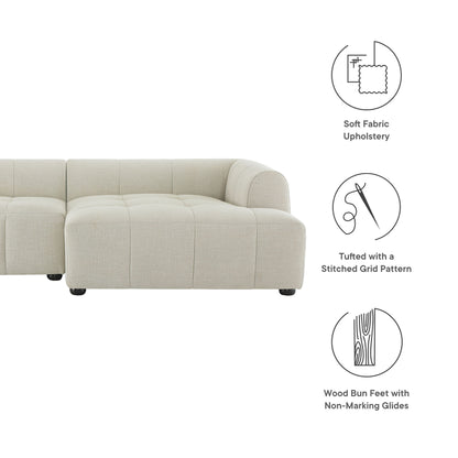 Neutral linen fabric sectional sofa with soft upholstery, tufted grid cushions, and wood bun feet with non-marking glides.