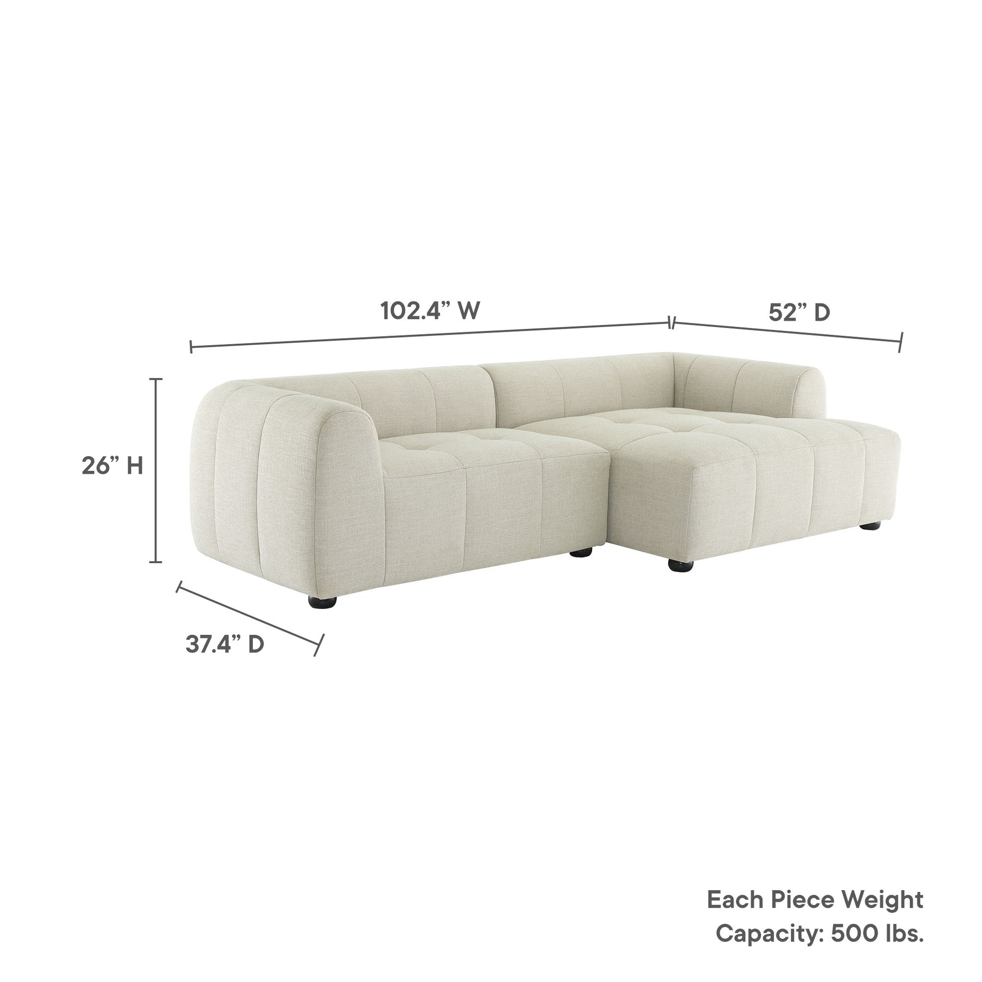 Cream fabric modular sectional with curved arms and tufted cushions; right chaise, 102.4in W x 52in D x 26in H.