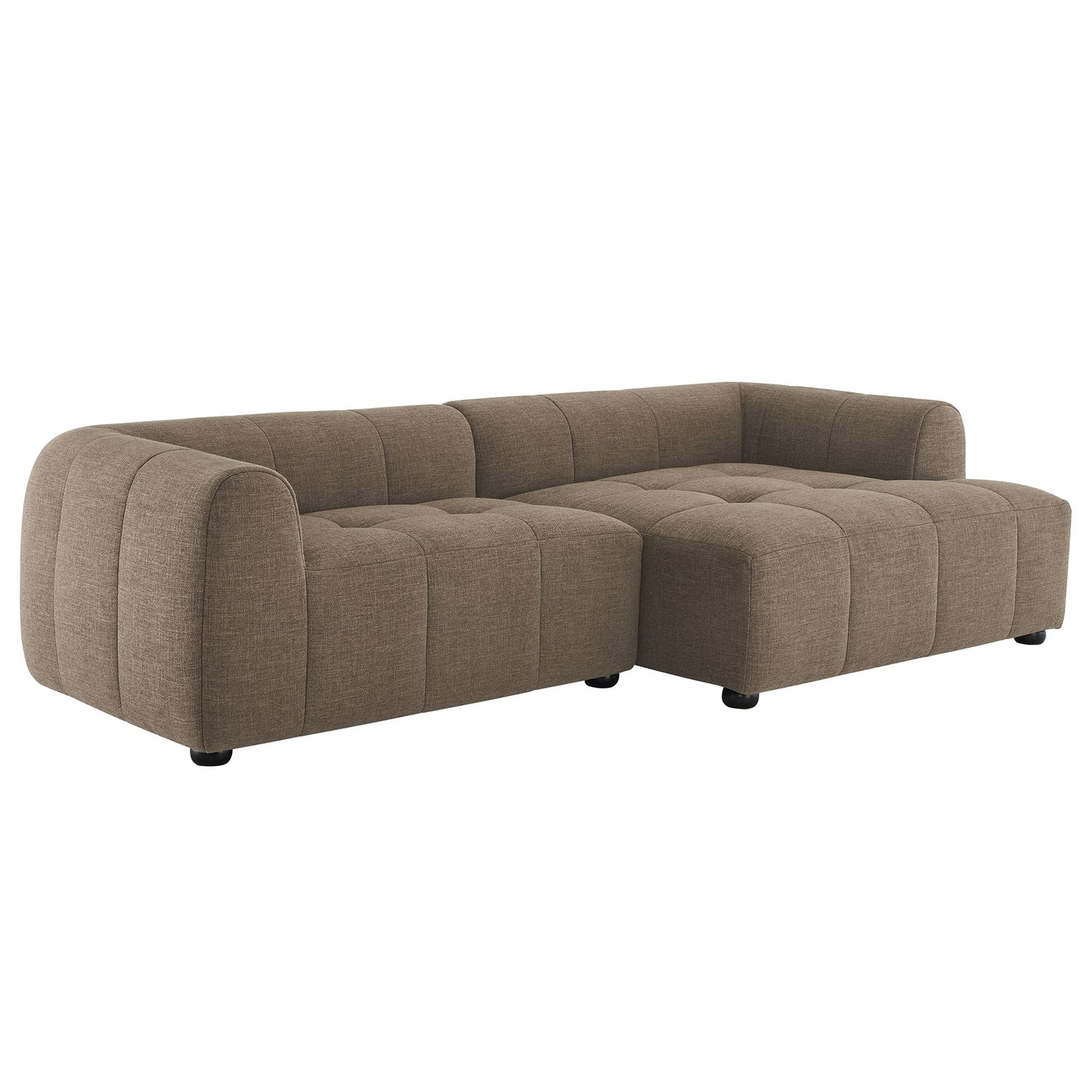 Brown tufted fabric modular sectional sofa with rounded arms and low legs, right-facing with chaise.