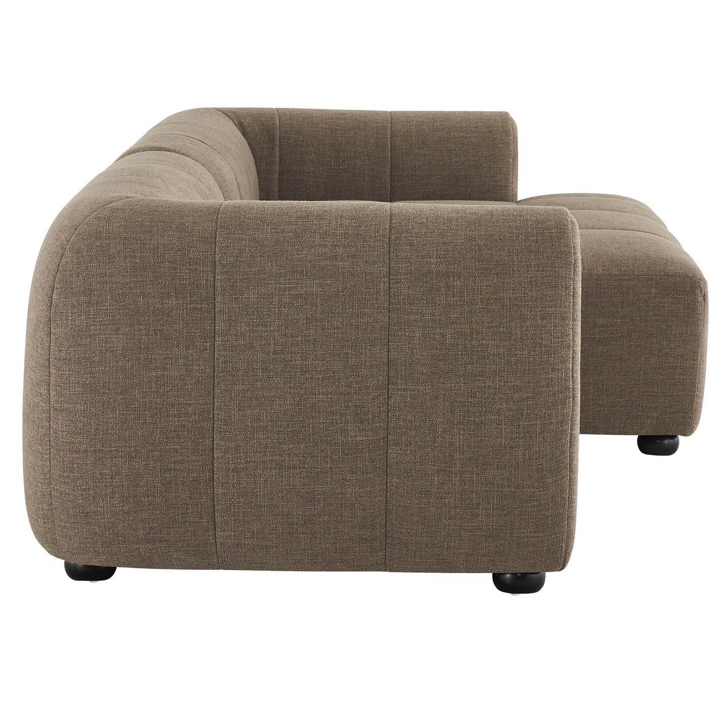 Beige-brown fabric modular sectional sofa with curved arms, chaise, and low-profile cushions.
