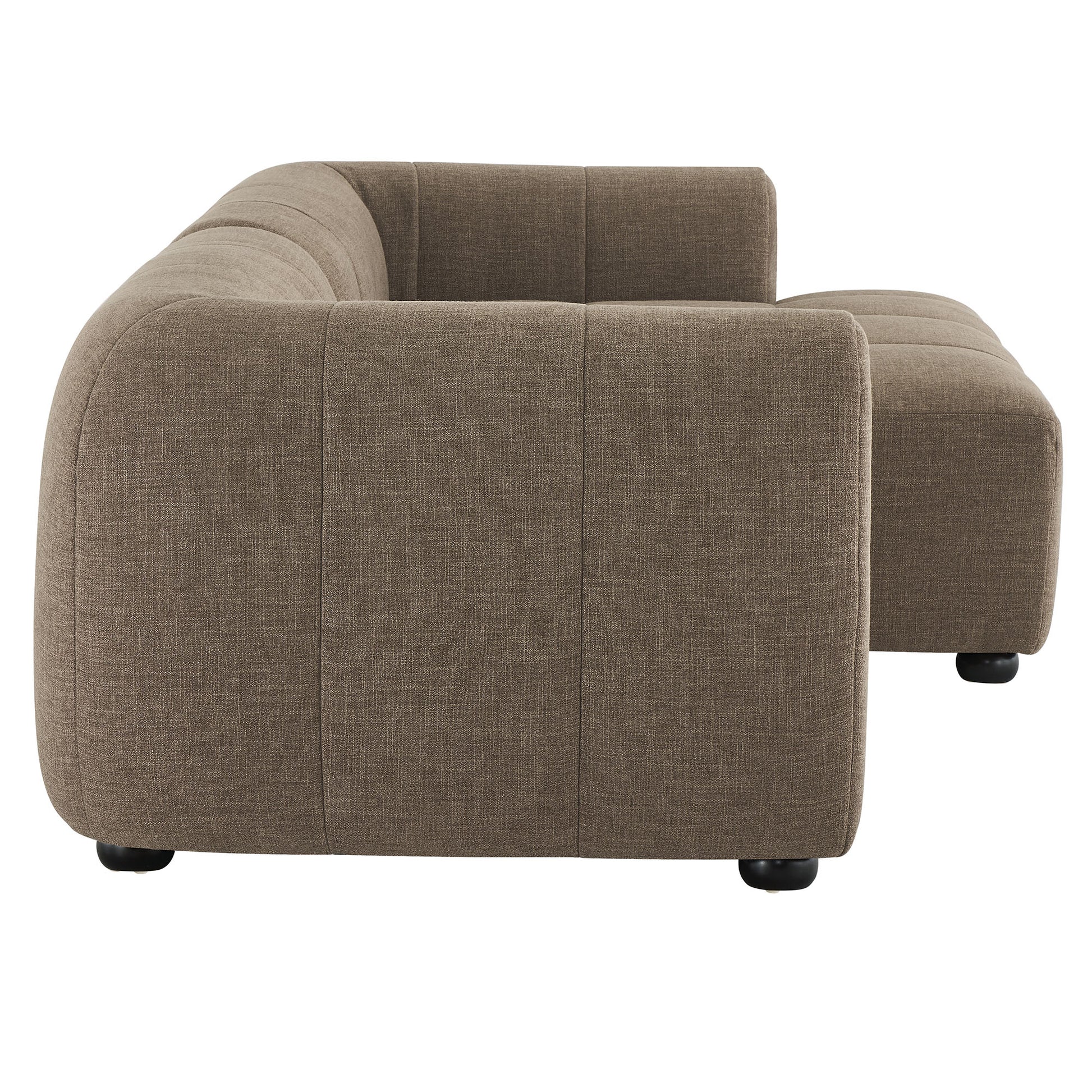 Beige-brown fabric modular sectional sofa with curved arms, chaise, and low-profile cushions.