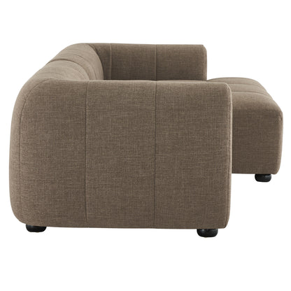 Beige-brown fabric modular sectional sofa with curved arms, chaise, and low-profile cushions.