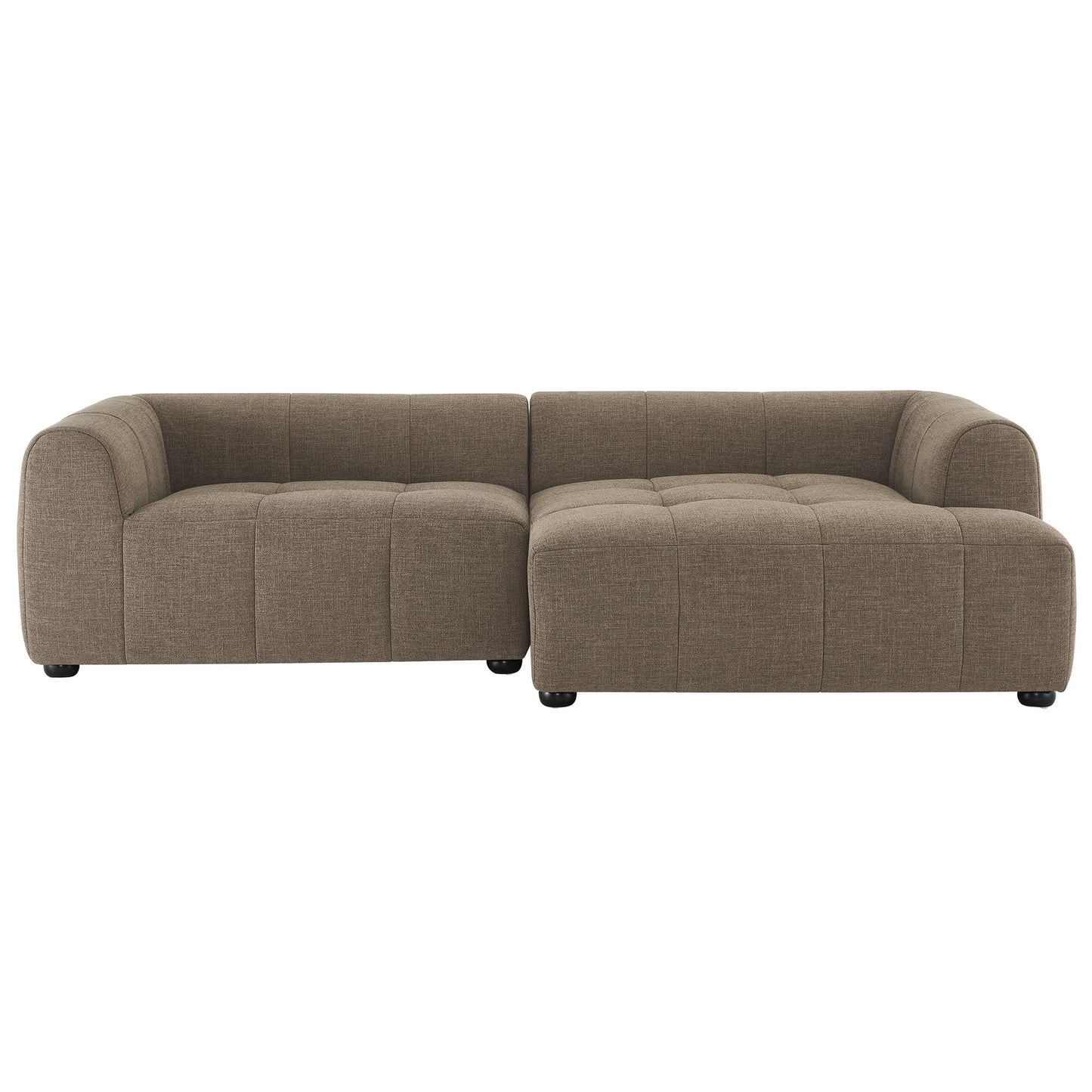 Brown fabric modular sectional with tufted cushions, left-arm sofa connected to right chaise, right-facing with chaise, rounded arms, low legs.