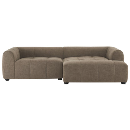 Brown fabric modular sectional with tufted cushions, left-arm sofa connected to right chaise, right-facing with chaise, rounded arms, low legs.