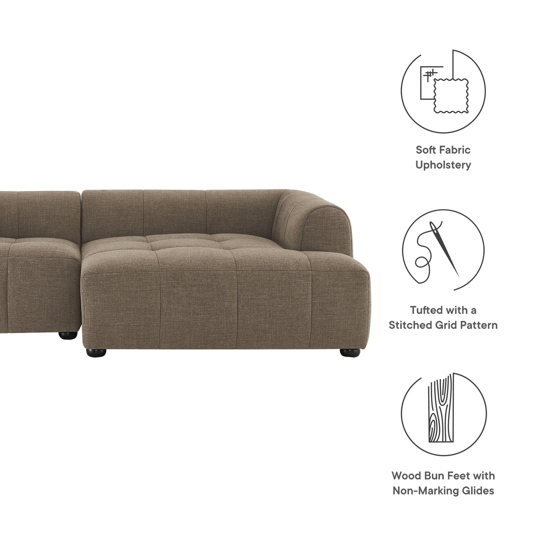Taupe sectional sofa with tufted grid cushions, soft fabric upholstery, low arms, wood bun feet with non-marking glides.