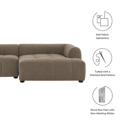 Taupe sectional sofa with tufted grid cushions, soft fabric upholstery, low arms, wood bun feet with non-marking glides.