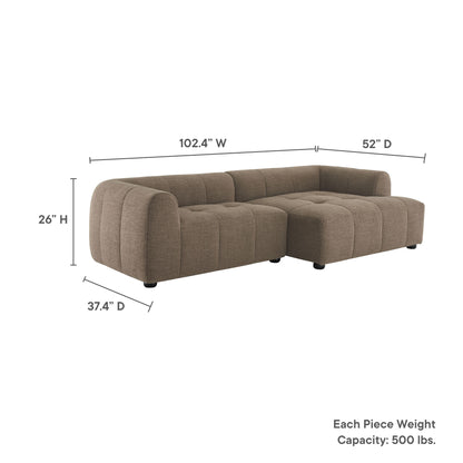 Beige-brown tufted fabric right-facing modular sofa with chaise, modular blocks, low rounded arms, 102.4in W x 52in D x 26in H