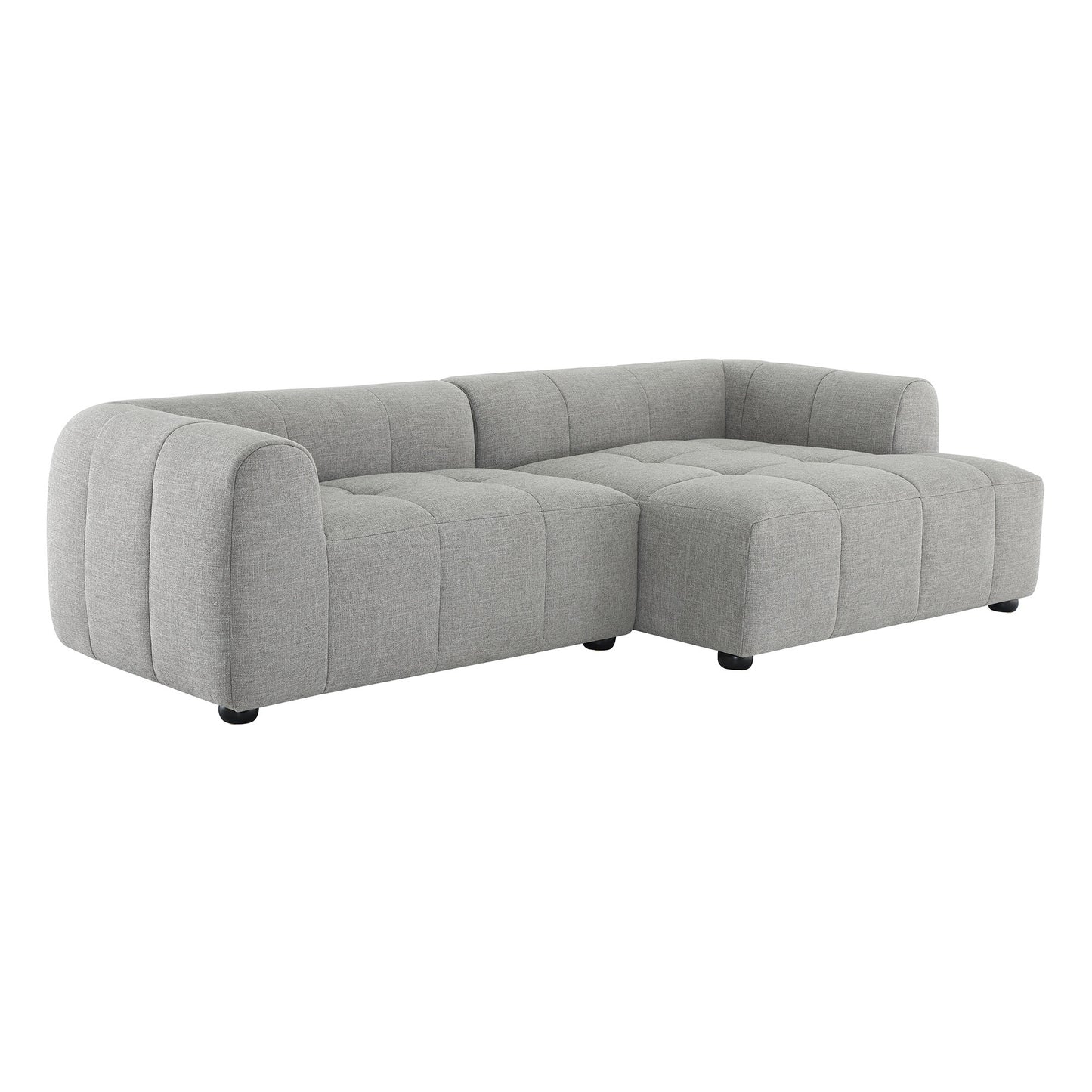 Light gray fabric modular sofa with right-facing chaise, rounded arms and tufted cushions.