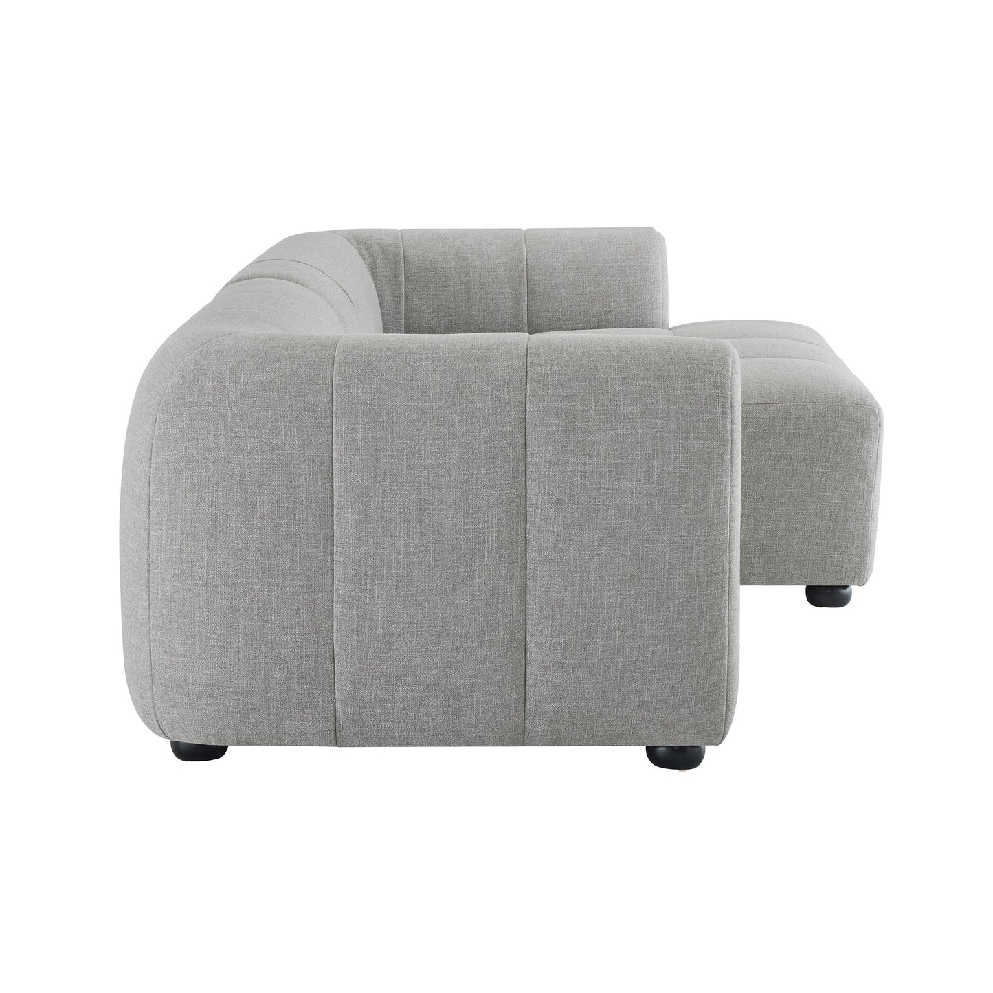 Pewter gray fabric sectional sofa, L-shaped with rounded arm, modular, low-profile contemporary style.