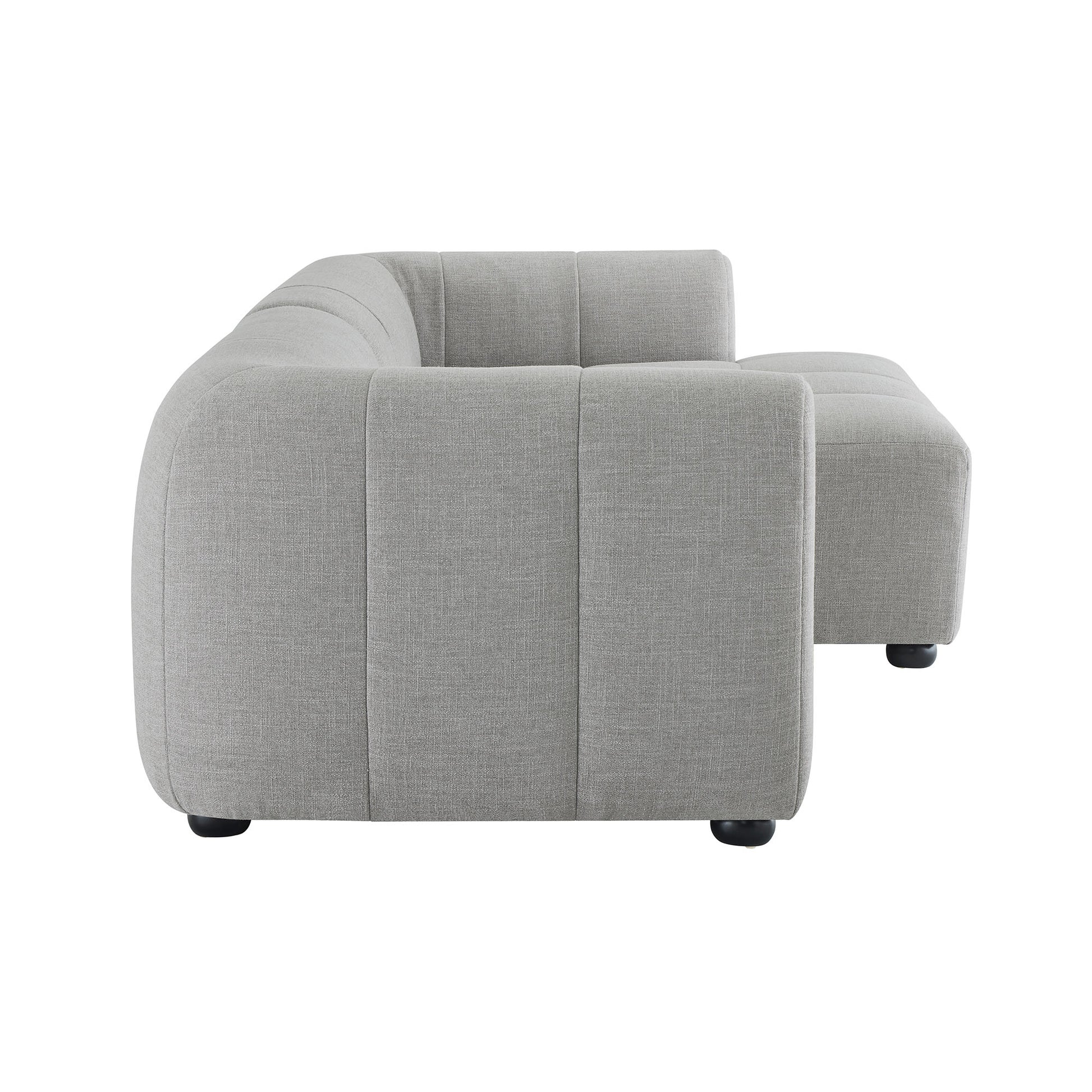 Pewter gray fabric sectional sofa, L-shaped with rounded arm, modular, low-profile contemporary style.