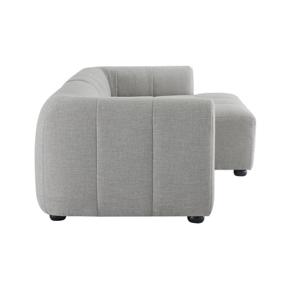 Pewter gray fabric sectional sofa, L-shaped with rounded arm, modular, low-profile contemporary style.