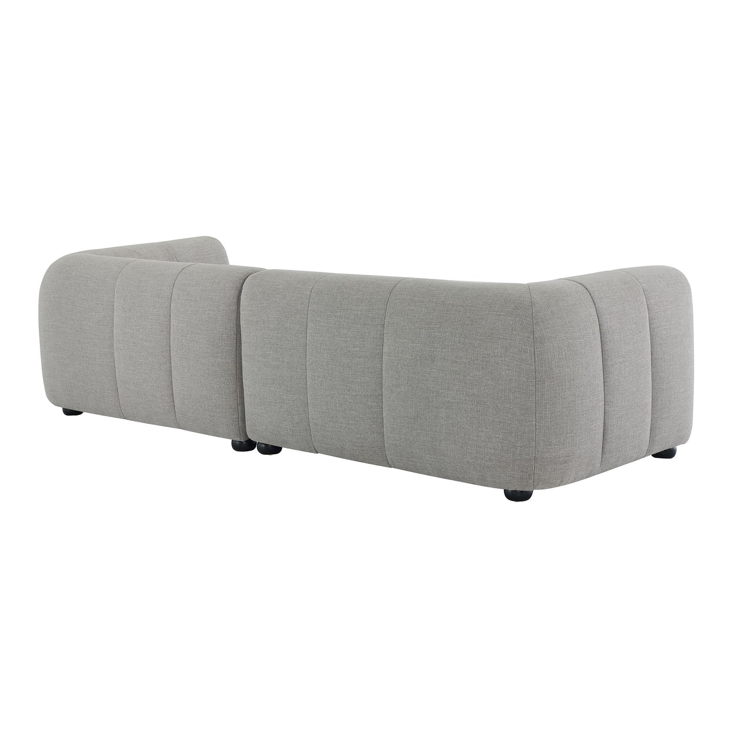 Three-piece modular sectional in light gray fabric with a chaise, rounded corners and low black feet.
