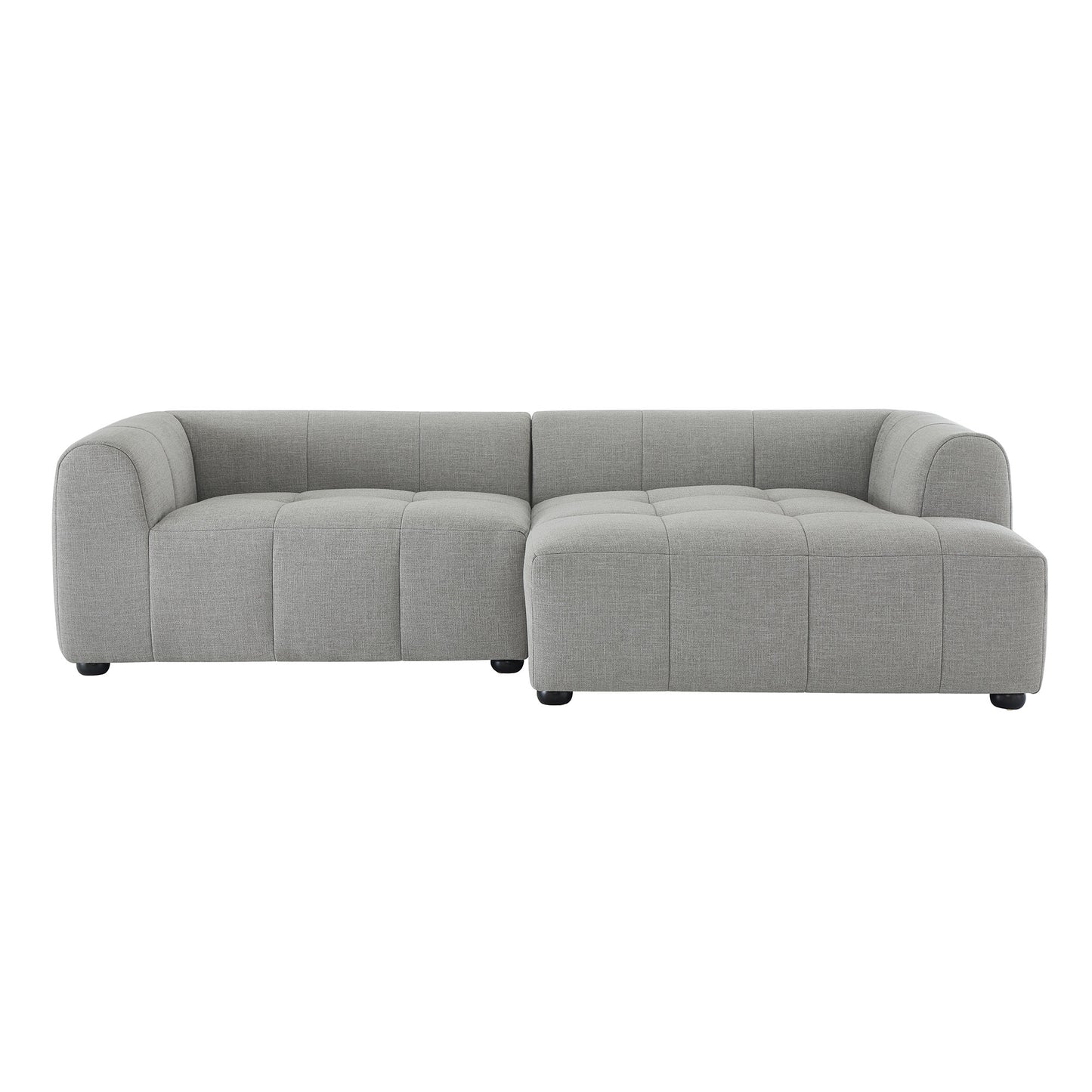Light gray fabric L-shaped sectional sofa with tufted cushions and rounded arms, includes chaise.