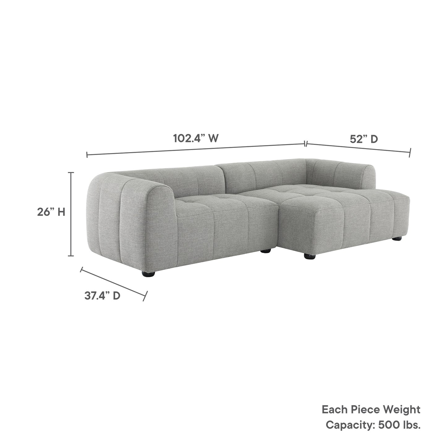 Light gray fabric modular sectional with chaise, tufted cushions, rounded arms, low legs; 102.4W x 52D x 26H