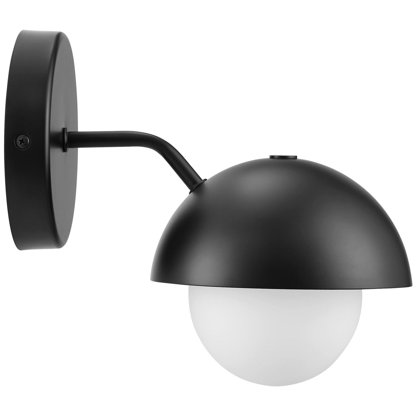 Black metal wall sconce with round backplate, curved arm, domed shade & white glass globe.