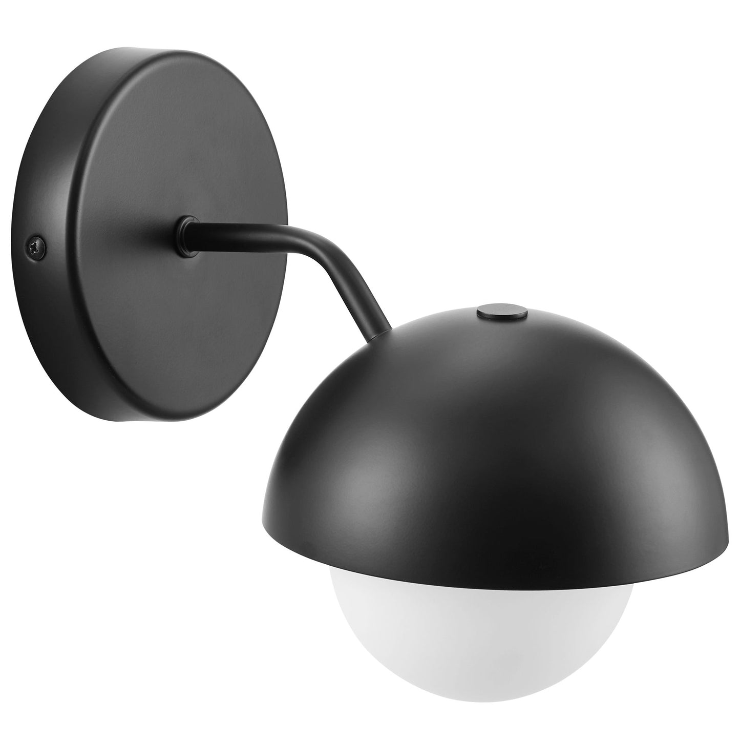 Black matte metal wall sconce with round backplate, curved arm, dome shade and frosted glass globe.