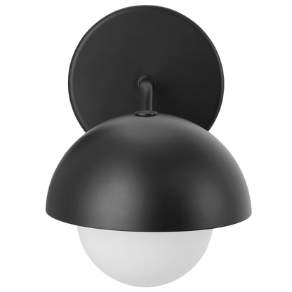 Black matte metal wall sconce with a domed shade and a white glass globe.