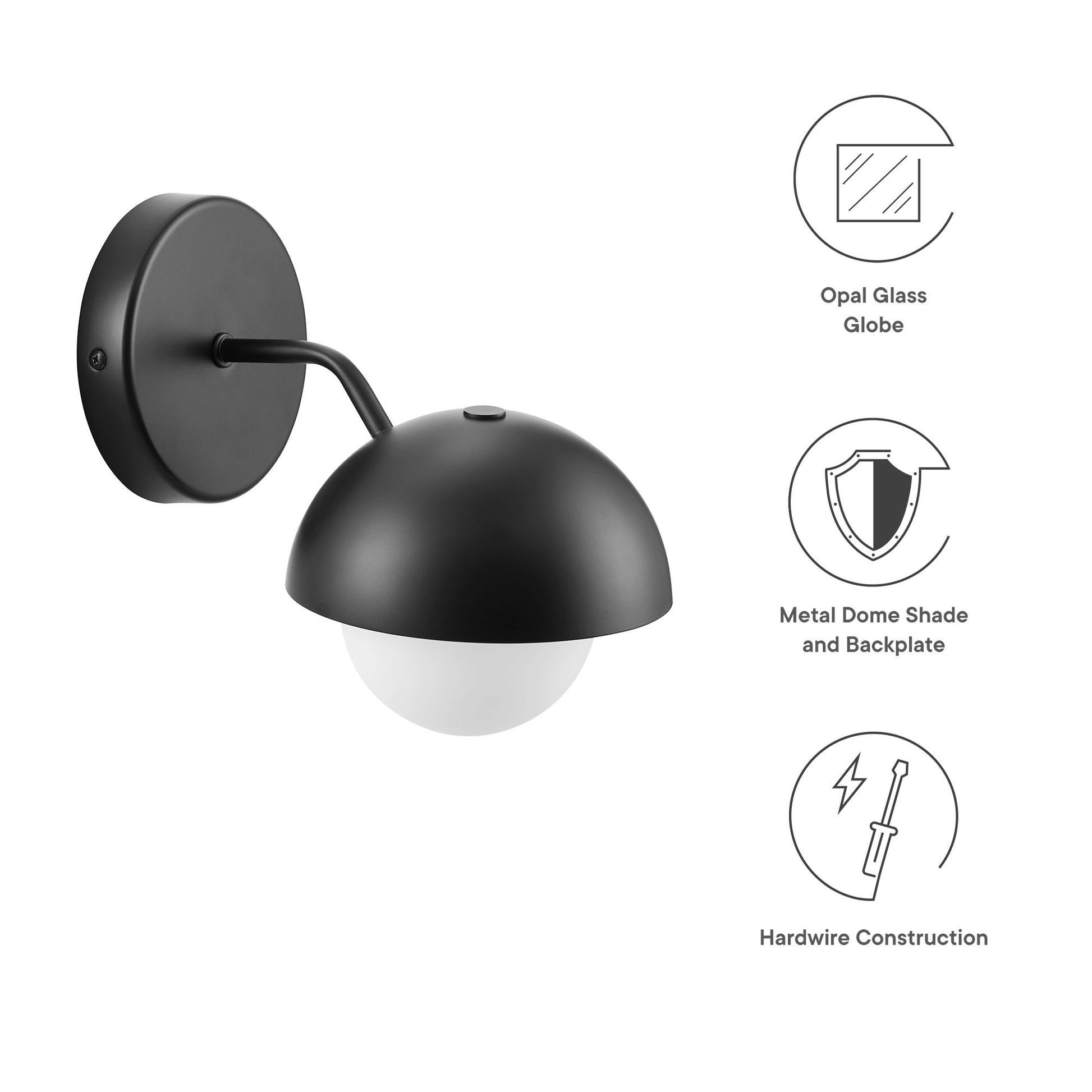 Black metal wall sconce with round backplate, curved arm, domed shade, and white opal glass globe.
