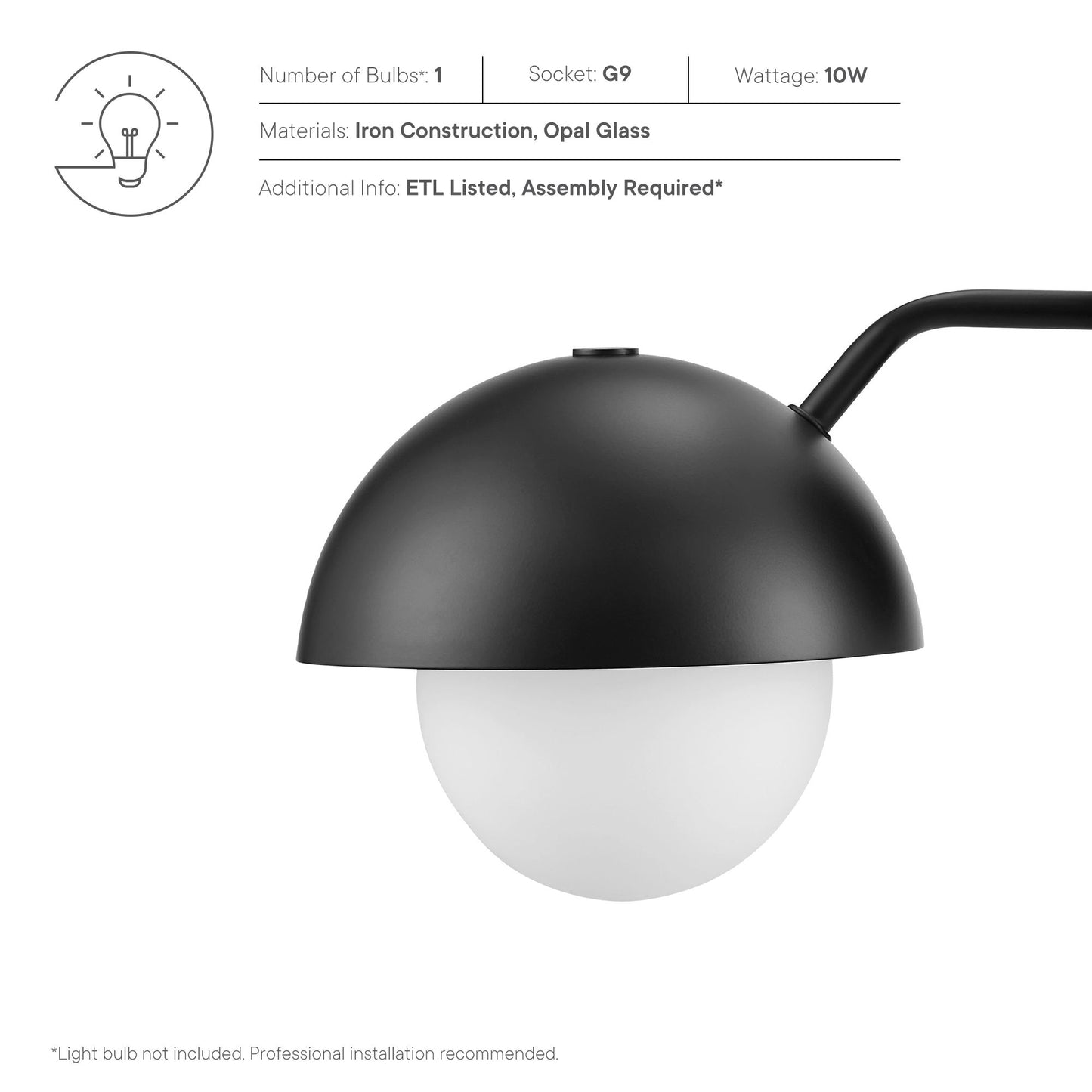 Black globe wall sconce with white opal glass globe and curved arm; iron construction, modern wall light.