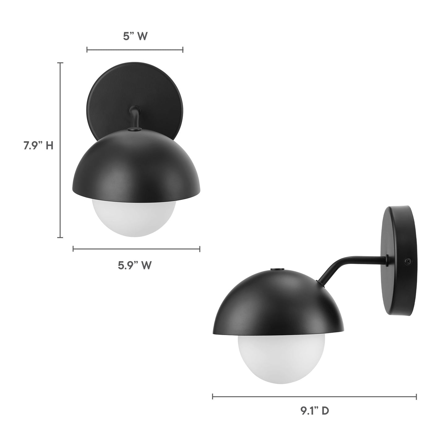 Black metal wall sconce with white glass globe, circular backplate & curved arm; industrial modern.