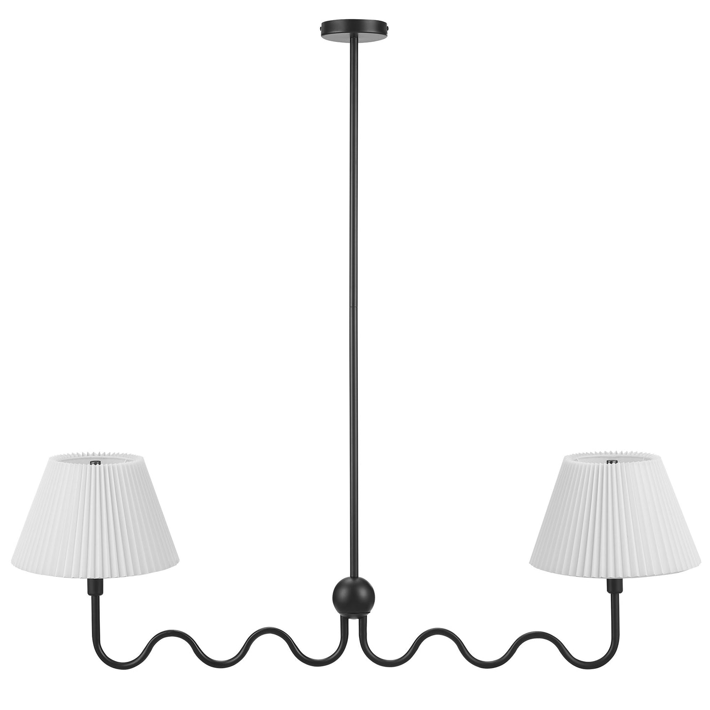 Black metal two-arm pendant light with white pleated shade lamps on curved, wavy arms.