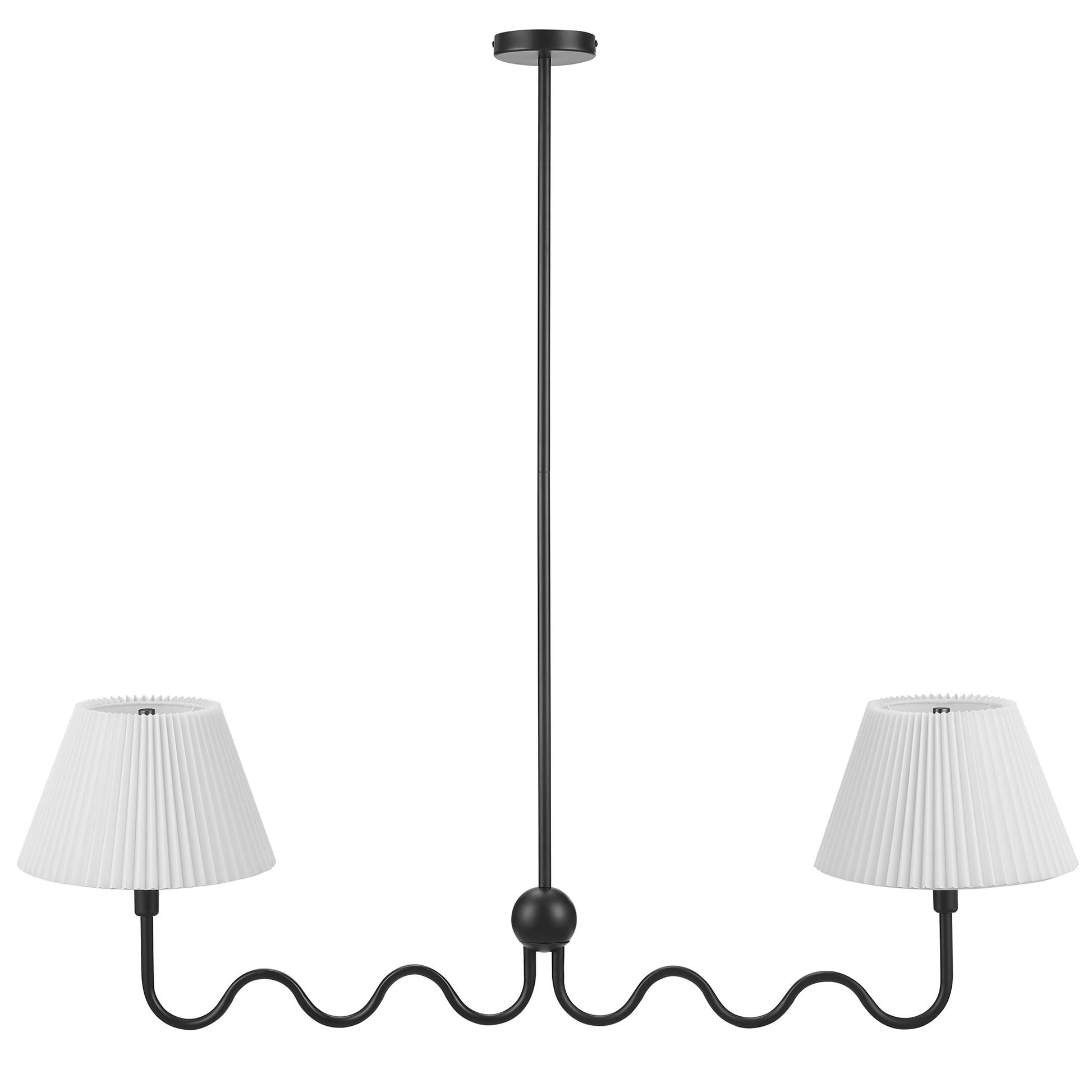 Black metal two-arm pendant light with white pleated shade lamps on curved, wavy arms.