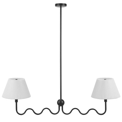 Black metal two-arm pendant light with white pleated shade lamps on curved, wavy arms.