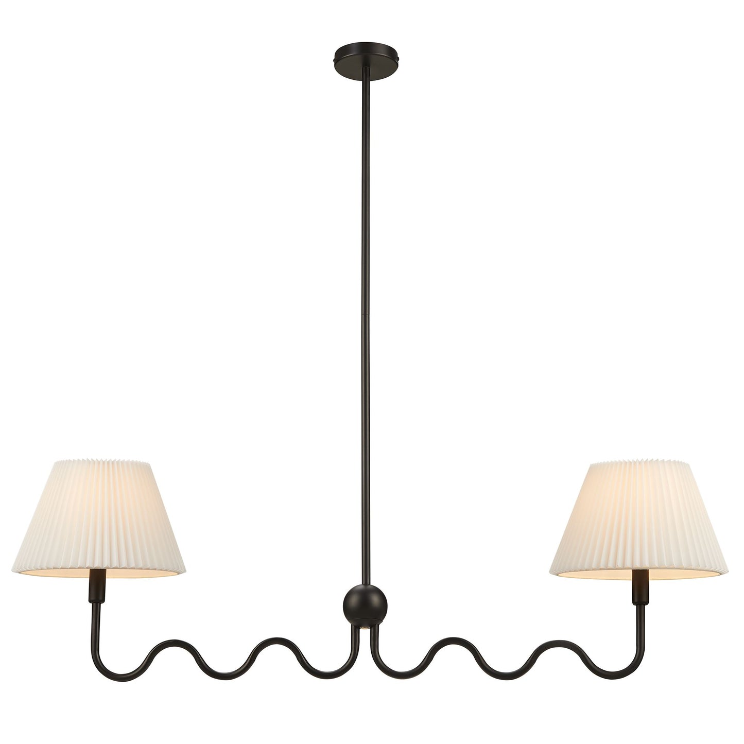 Black metal two-arm pendant light with curved, wavy arms and beige pleated fabric shades; modern rustic style.