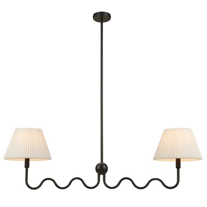 Black metal two-arm pendant light with curved, wavy arms and beige pleated fabric shades; modern rustic style.