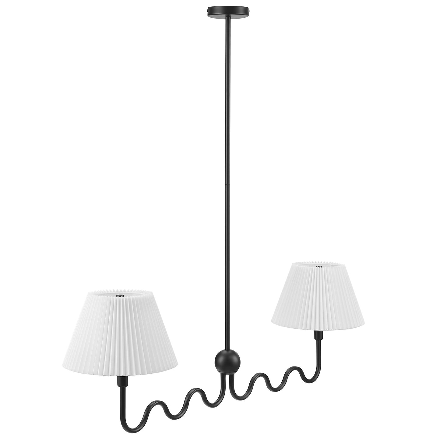 Black metal two-arm pendant light with a central rod and two S-curved arms, each supporting a white pleated fabric lampshade.