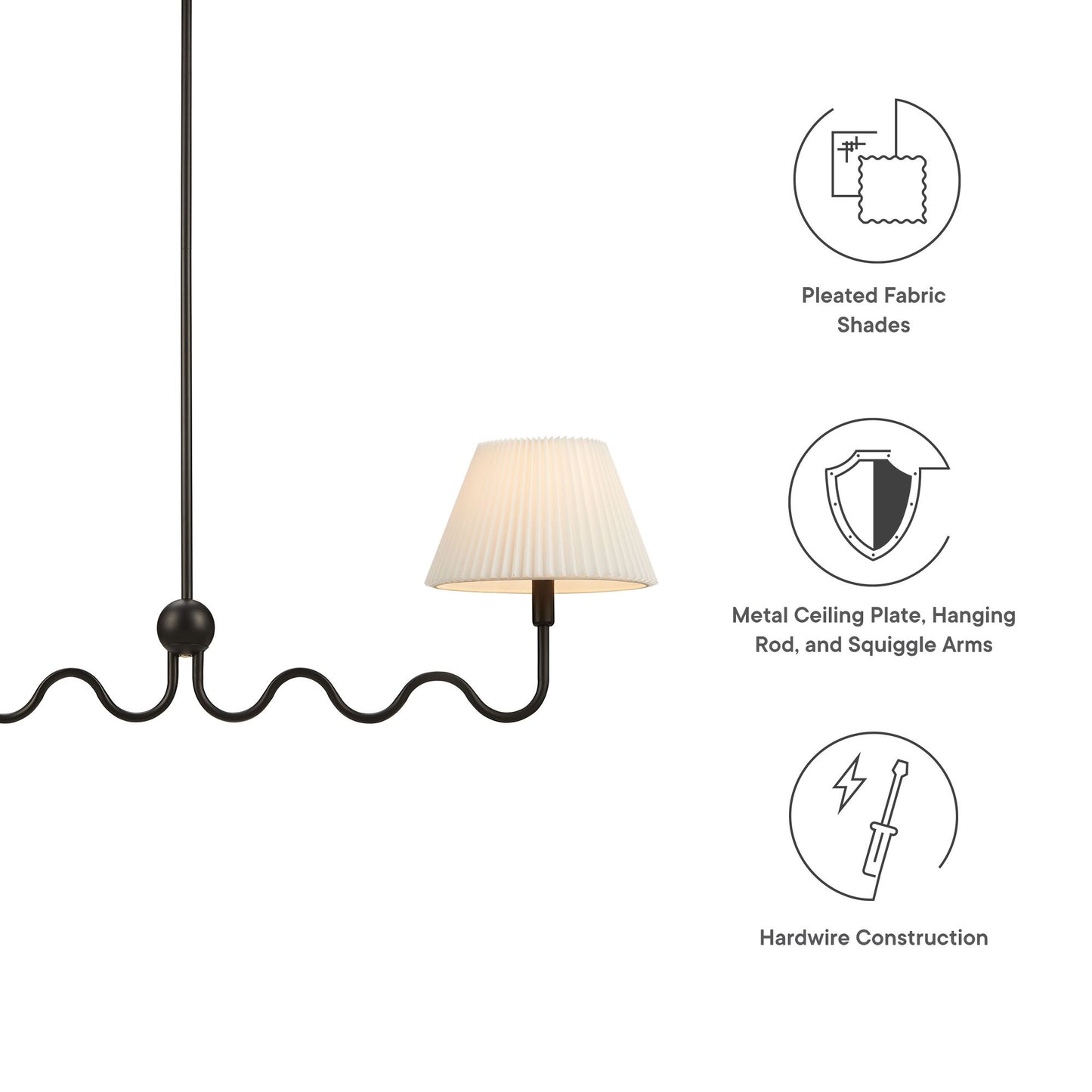 Black metal pendant with a long wavy cord, ceiling rod, and small pleated fabric shade.