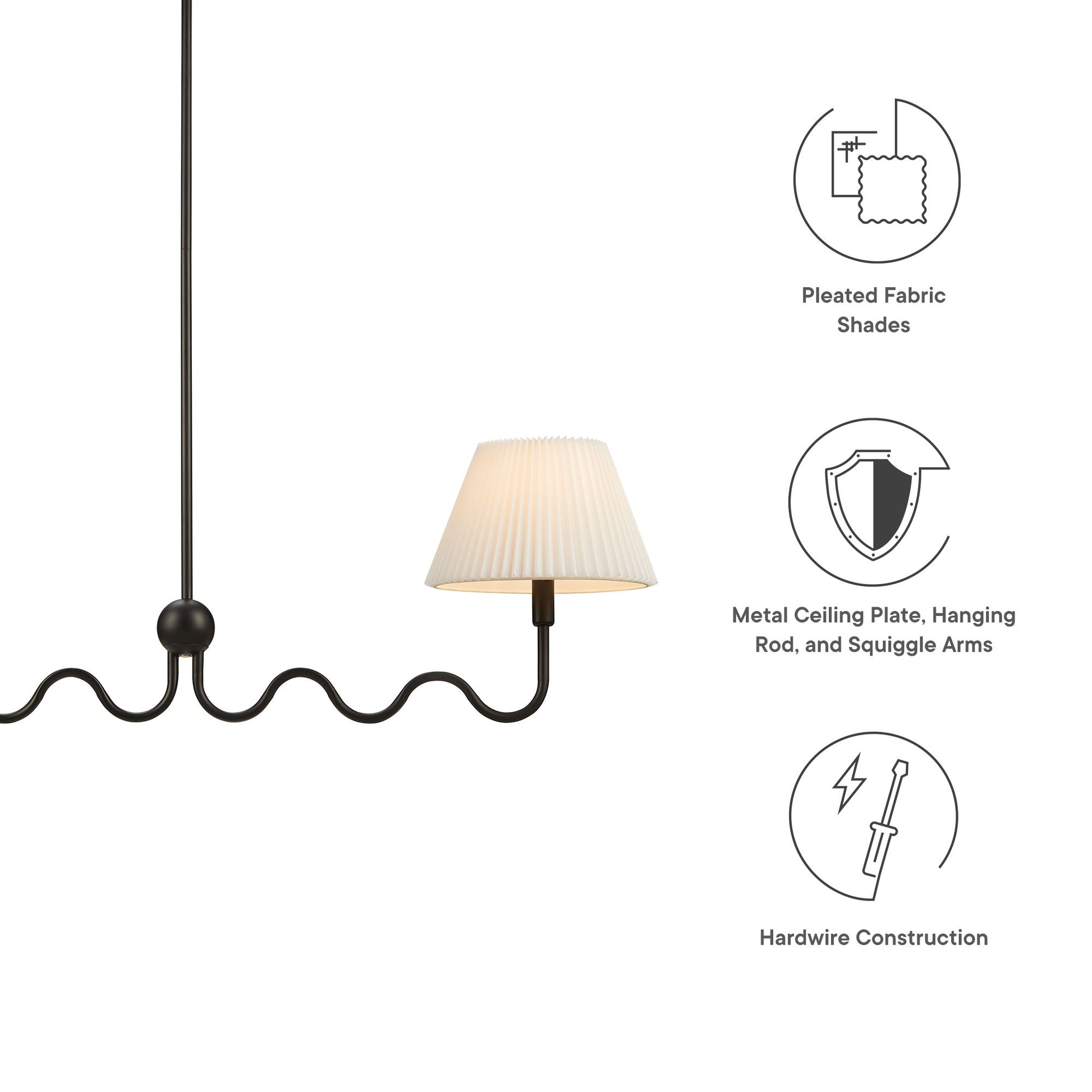 Black metal pendant with a long wavy cord, ceiling rod, and small pleated fabric shade.
