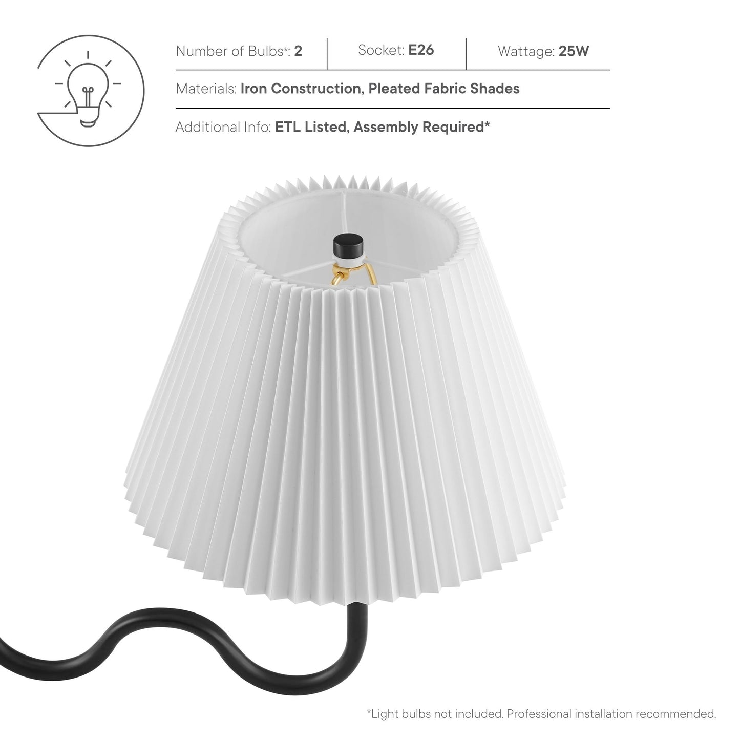 Black pleated fabric lampshade with conical bell silhouette on a two-arm black pendant light; iron construction, holds two E26 bulbs.